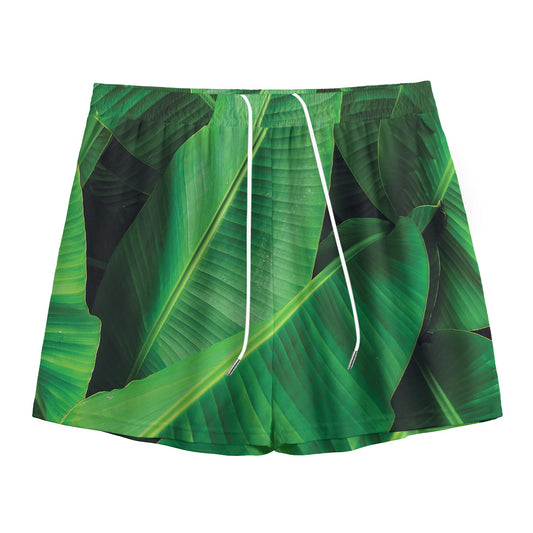 Green Tropical Banana Palm Leaf Print Mesh Shorts