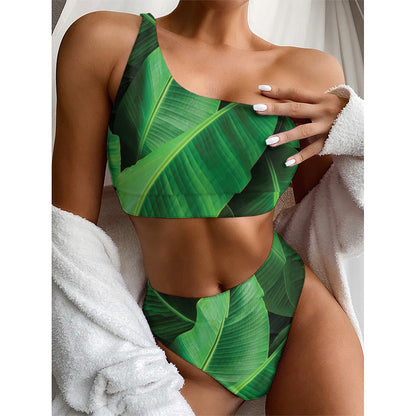Green Tropical Banana Palm Leaf Print One Shoulder Bikini Top