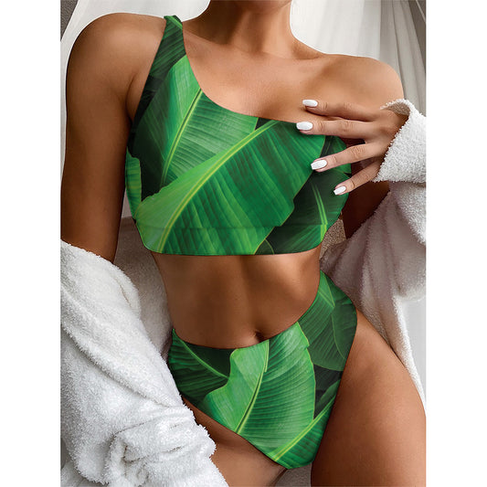 Green Tropical Banana Palm Leaf Print One Shoulder Bikini Top