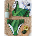 Green Tropical Banana Palm Leaf Print One Shoulder Bikini Top