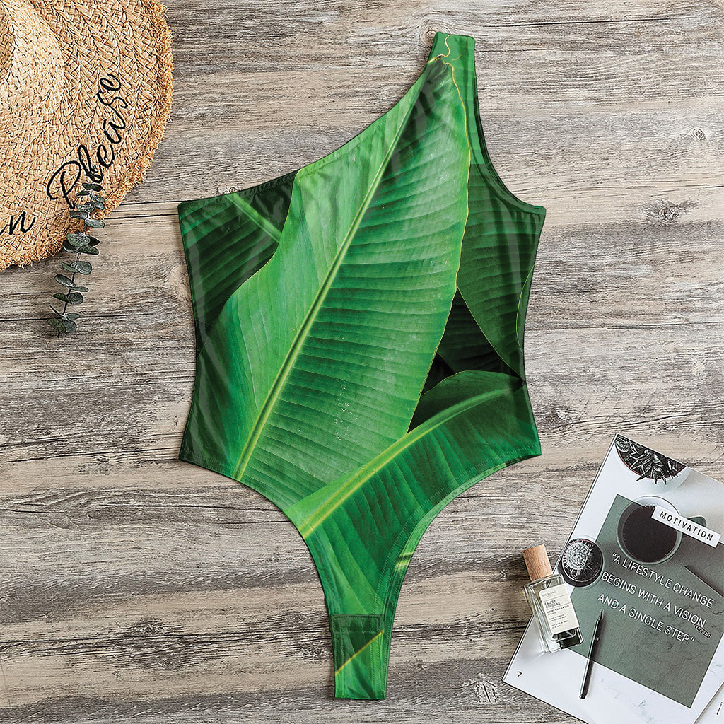 Green Tropical Banana Palm Leaf Print One Shoulder Bodysuit