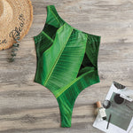 Green Tropical Banana Palm Leaf Print One Shoulder Bodysuit