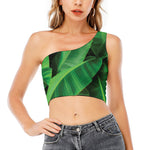 Green Tropical Banana Palm Leaf Print One Shoulder Crop Top