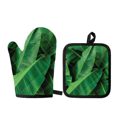 Green Tropical Banana Palm Leaf Print Oven Mitt And Pot Holder Set