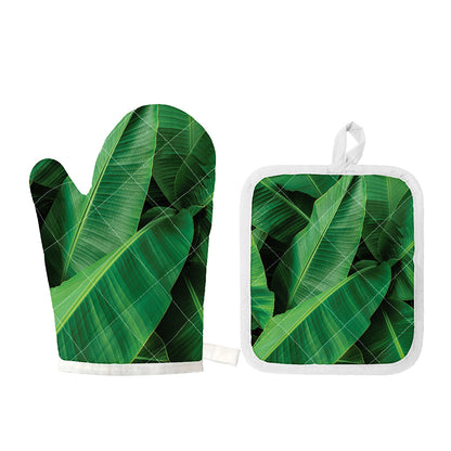 Green Tropical Banana Palm Leaf Print Oven Mitt And Pot Holder Set