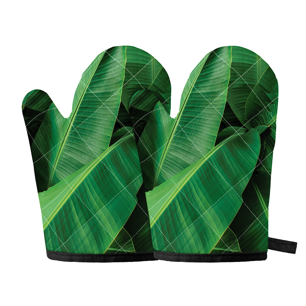 Green Tropical Banana Palm Leaf Print Oven Mitts
