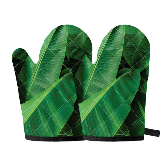 Green Tropical Banana Palm Leaf Print Oven Mitts
