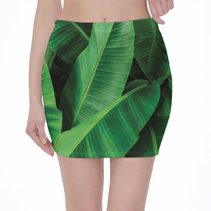 Green Tropical Banana Palm Leaf Print Pencil Mini Skirt