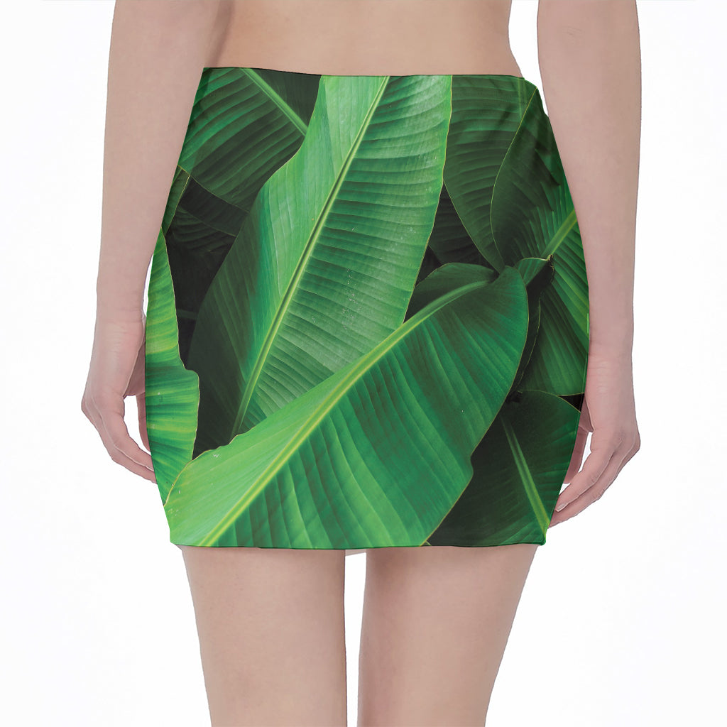 Green Tropical Banana Palm Leaf Print Pencil Mini Skirt