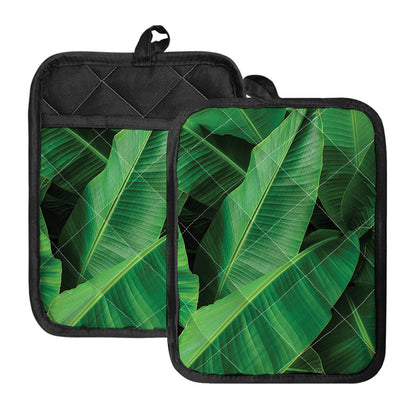 Green Tropical Banana Palm Leaf Print Pot Holders With Pocket