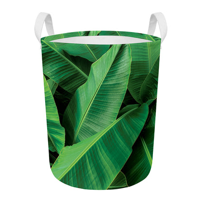 Green Tropical Banana Palm Leaf Print Round Laundry Basket