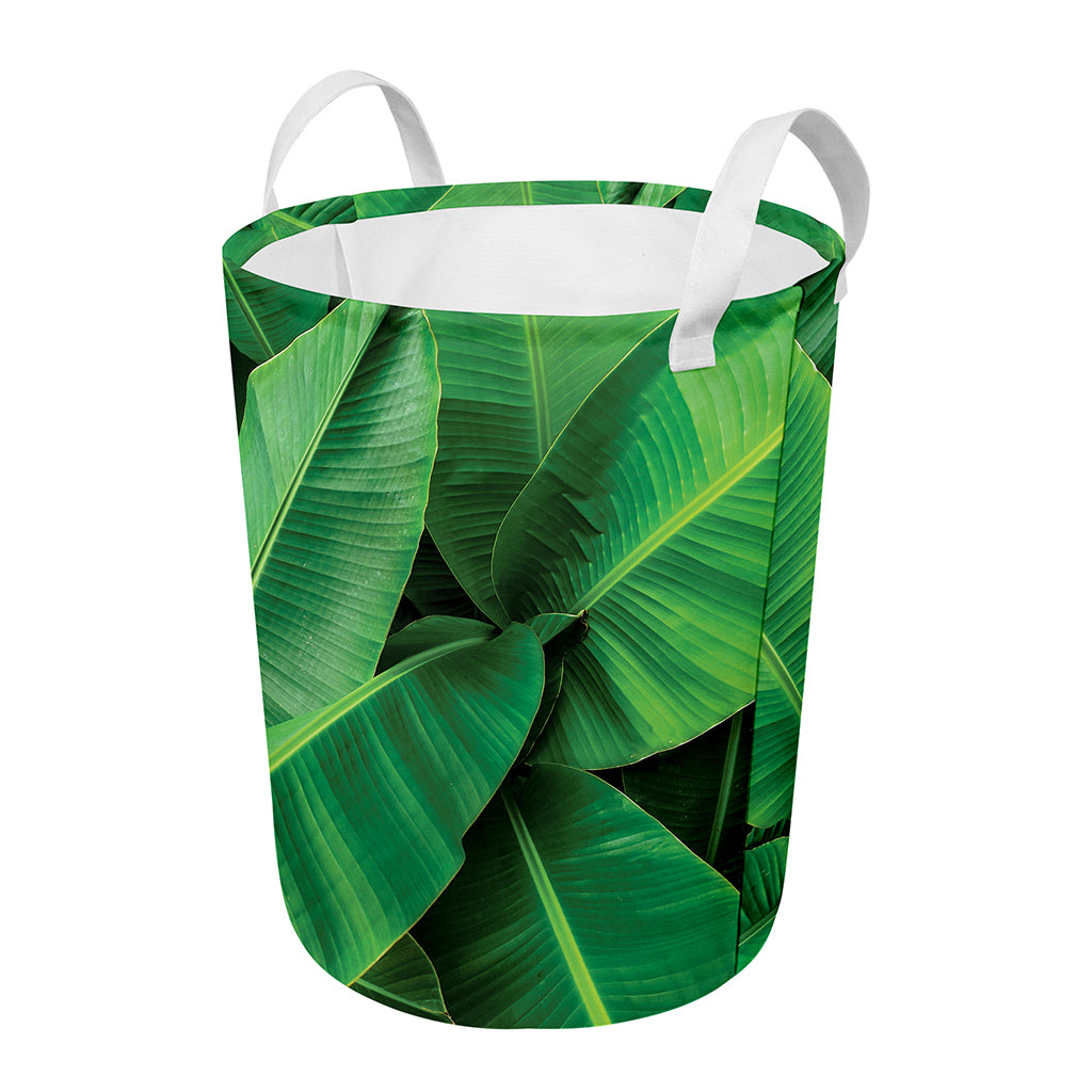 Green Tropical Banana Palm Leaf Print Round Laundry Basket