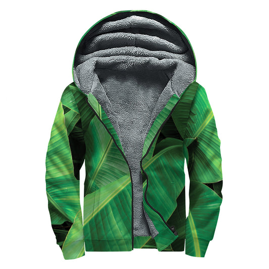Green Tropical Banana Palm Leaf Print Sherpa Lined Zip Up Hoodie