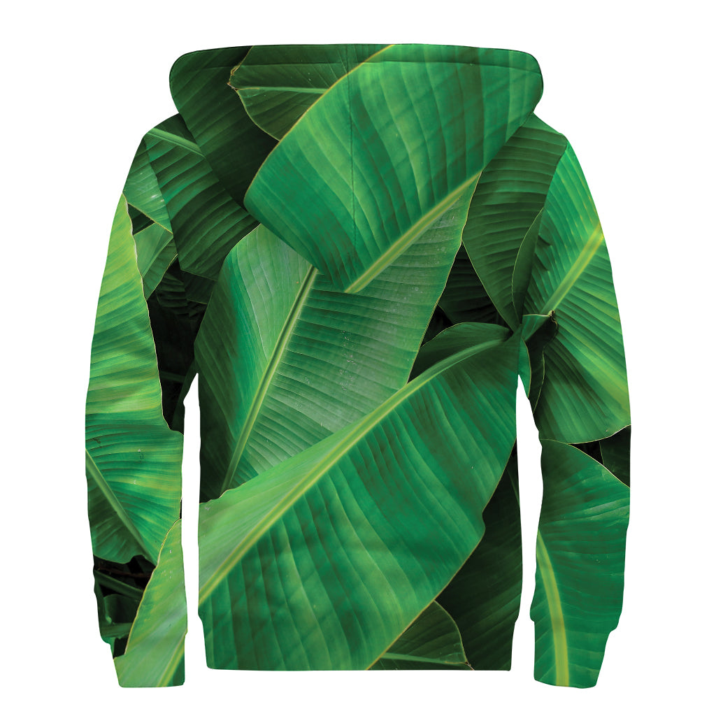 Green Tropical Banana Palm Leaf Print Sherpa Lined Zip Up Hoodie