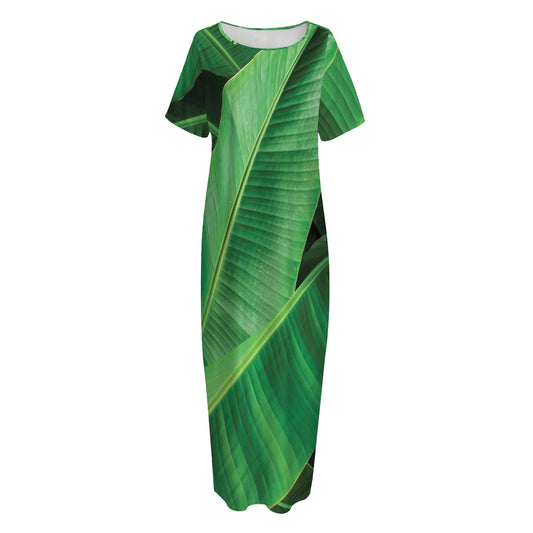 Green Tropical Banana Palm Leaf Print Short Sleeve Long Nightdress