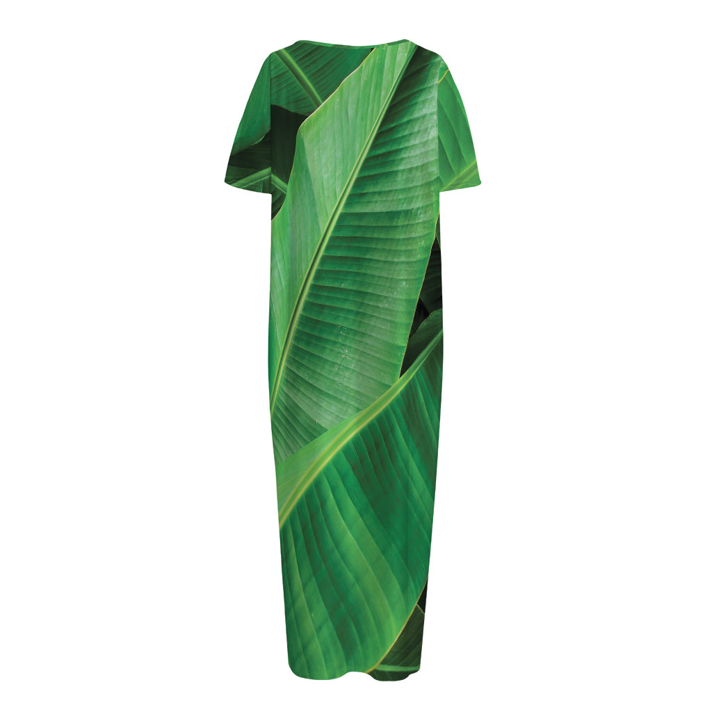 Green Tropical Banana Palm Leaf Print Short Sleeve Long Nightdress