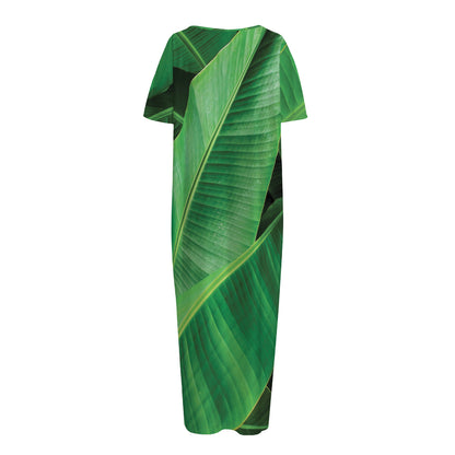Green Tropical Banana Palm Leaf Print Short Sleeve Long Nightdress