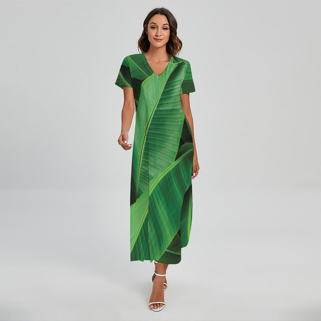 Green Tropical Banana Palm Leaf Print Short Sleeve Maxi Dress