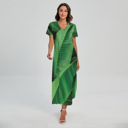Green Tropical Banana Palm Leaf Print Short Sleeve Maxi Dress
