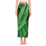 Green Tropical Banana Palm Leaf Print Side Slit Maxi Skirt