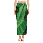 Green Tropical Banana Palm Leaf Print Side Slit Maxi Skirt