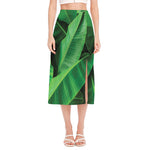 Green Tropical Banana Palm Leaf Print Side Slit Midi Skirt