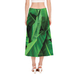 Green Tropical Banana Palm Leaf Print Side Slit Midi Skirt