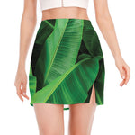 Green Tropical Banana Palm Leaf Print Side Slit Mini Skirt