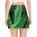 Green Tropical Banana Palm Leaf Print Side Slit Mini Skirt