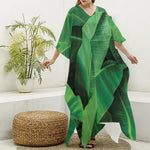 Green Tropical Banana Palm Leaf Print Silk V-Neck Kaftan Dress