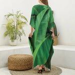 Green Tropical Banana Palm Leaf Print Silk V-Neck Kaftan Dress