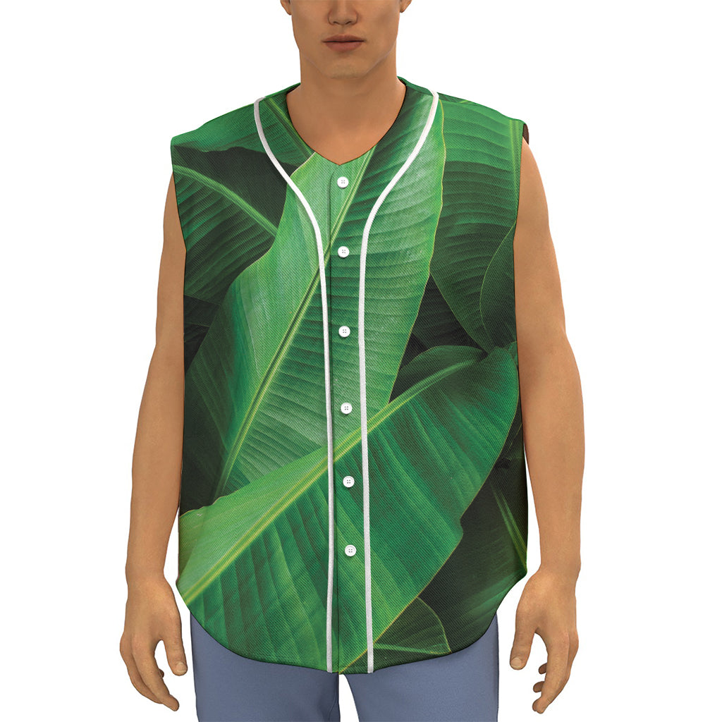 Green Tropical Banana Palm Leaf Print Sleeveless Baseball Jersey