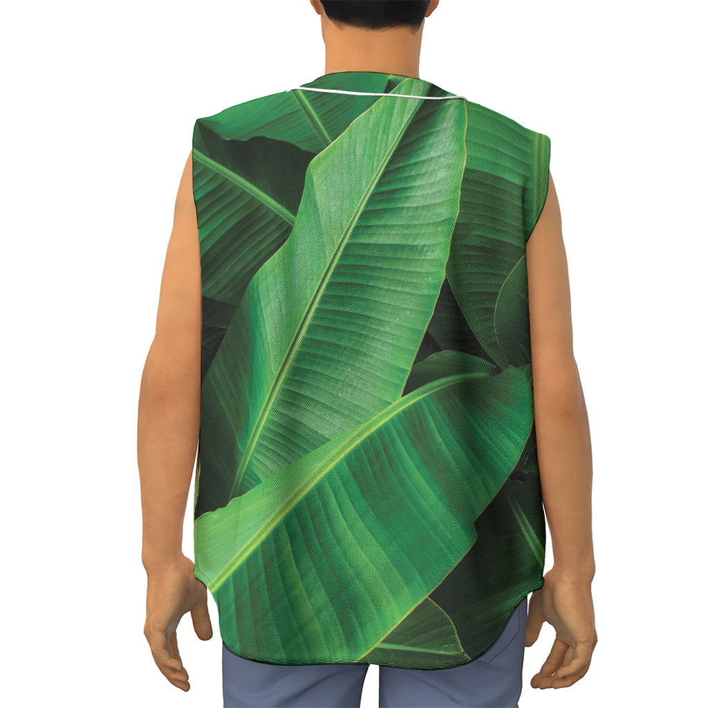 Green Tropical Banana Palm Leaf Print Sleeveless Baseball Jersey