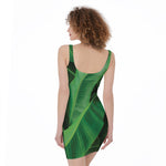 Green Tropical Banana Palm Leaf Print Sleeveless Bodycon Dress