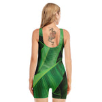Green Tropical Banana Palm Leaf Print Sleeveless One Piece Swimsuit