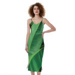 Green Tropical Banana Palm Leaf Print Slim Fit Midi Cami Dress