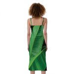 Green Tropical Banana Palm Leaf Print Slim Fit Midi Cami Dress