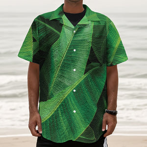 Green Tropical Banana Palm Leaf Print Textured Short Sleeve Shirt