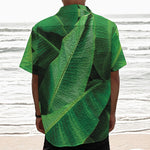 Green Tropical Banana Palm Leaf Print Textured Short Sleeve Shirt