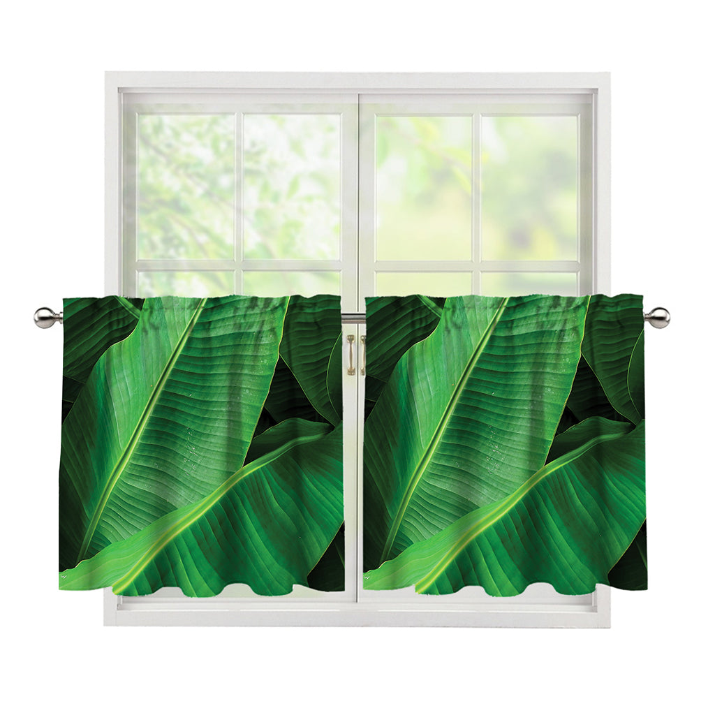 Green Tropical Banana Palm Leaf Print Tier Curtains