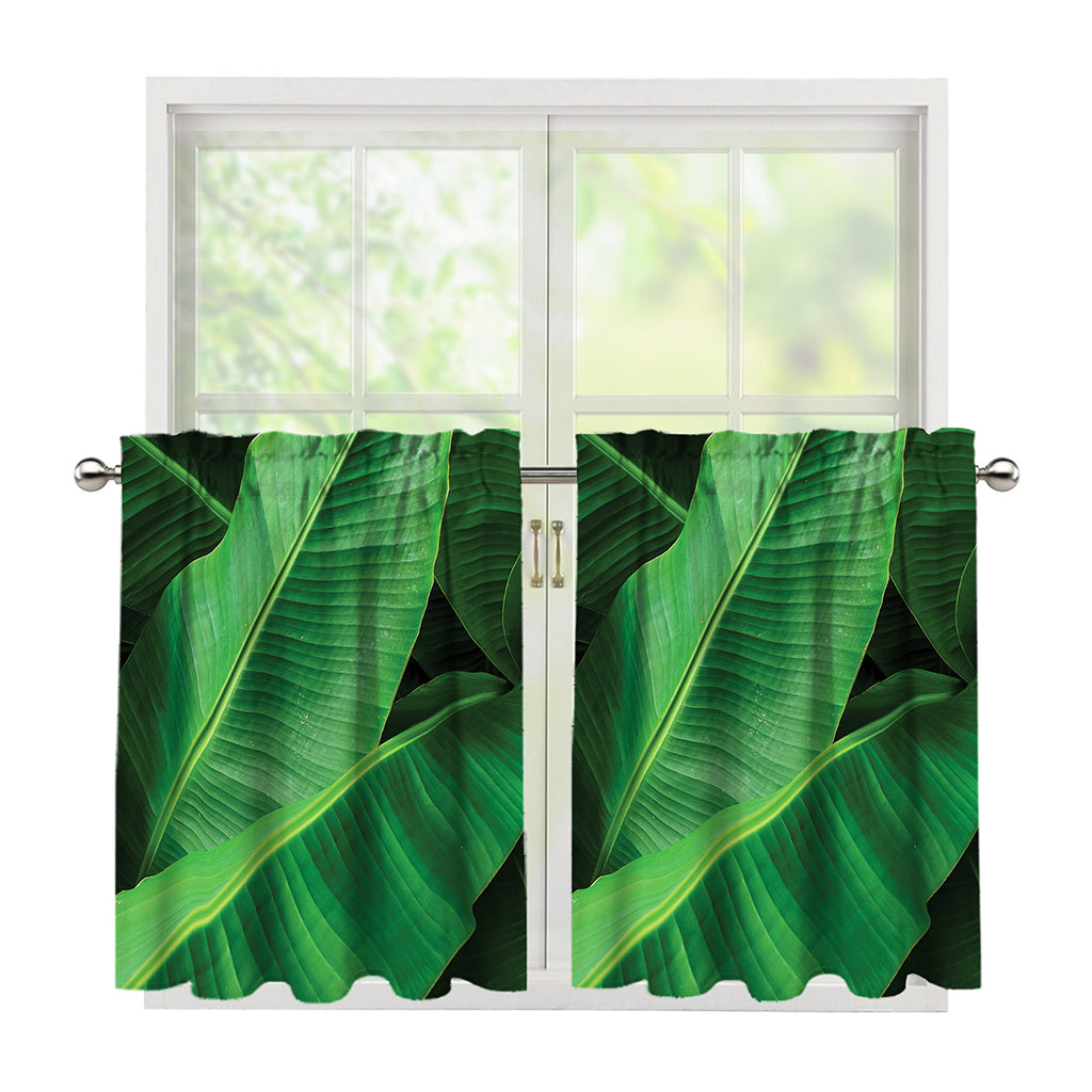 Green Tropical Banana Palm Leaf Print Tier Curtains