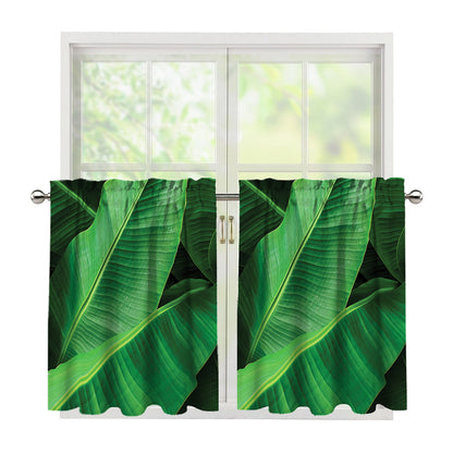 Green Tropical Banana Palm Leaf Print Tier Curtains