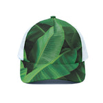 Green Tropical Banana Palm Leaf Print White Mesh Trucker Cap