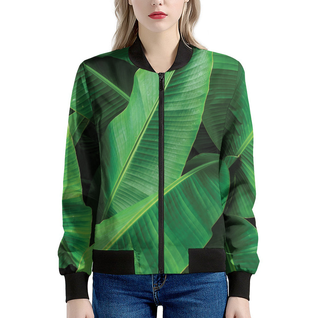 Green Tropical Banana Palm Leaf Print Women's Bomber Jacket