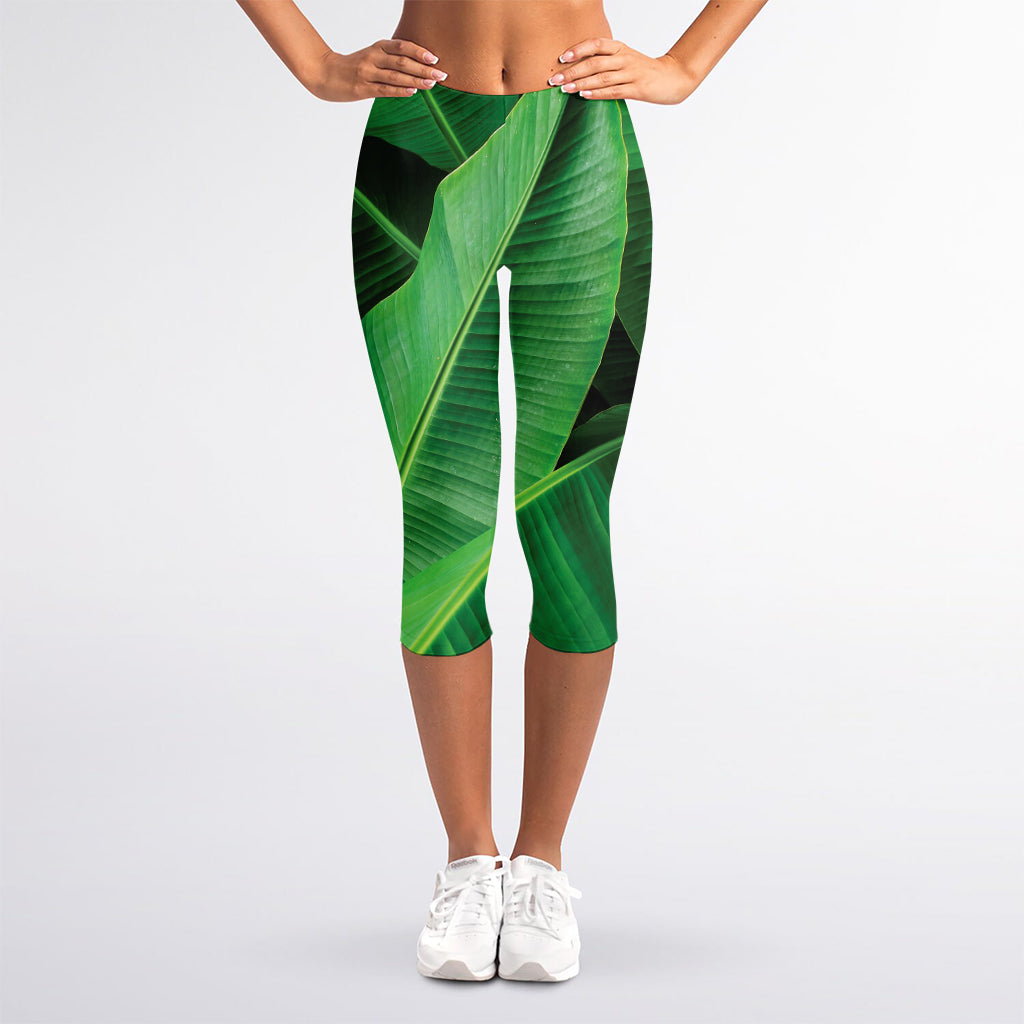 Green Tropical Banana Palm Leaf Print Women's Capri Leggings