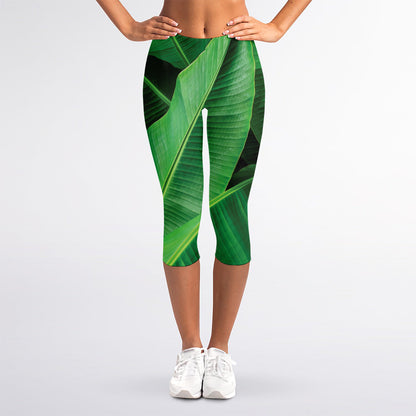 Green Tropical Banana Palm Leaf Print Women's Capri Leggings