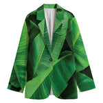 Green Tropical Banana Palm Leaf Print Women's Cotton Blazer