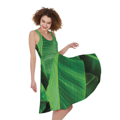 Green Tropical Banana Palm Leaf Print Women's Sleeveless Dress