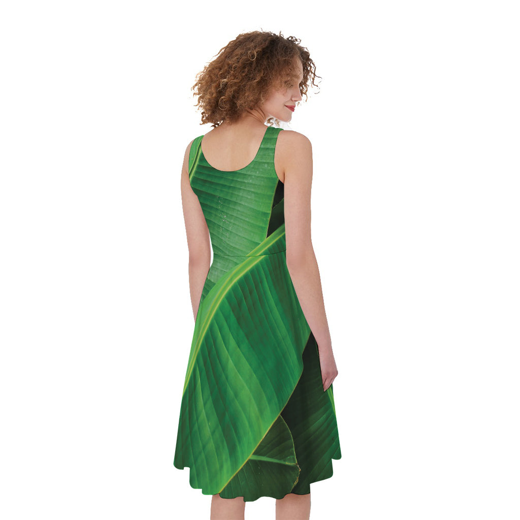 Green Tropical Banana Palm Leaf Print Women's Sleeveless Dress