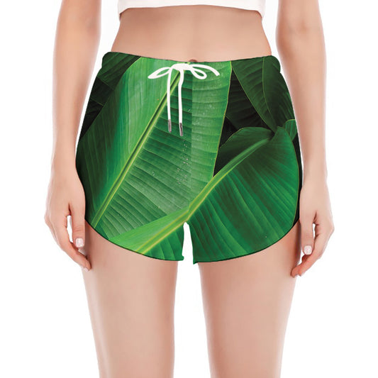 Green Tropical Banana Palm Leaf Print Women's Split Running Shorts